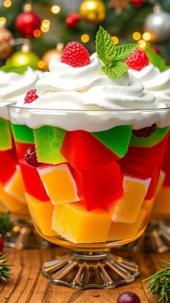 Colorful Christmas cake jello layered in a glass dish, topped with whipped cream and fresh berries, set against a festive holiday backdrop.